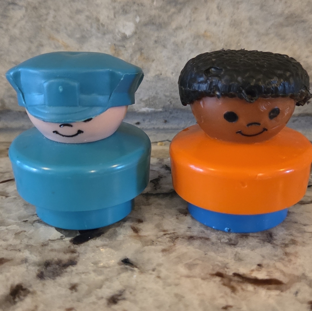 Lot of 2 Vtg Fisher Price Little People CHUNKY Policeman Officer & Black Child